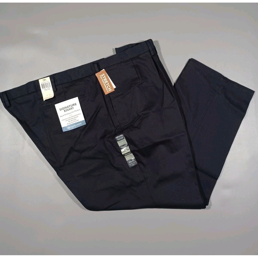 Dockers Pants Mens 56x32 Navy Blue Signature Khaki Classic Fit Pleated NWT